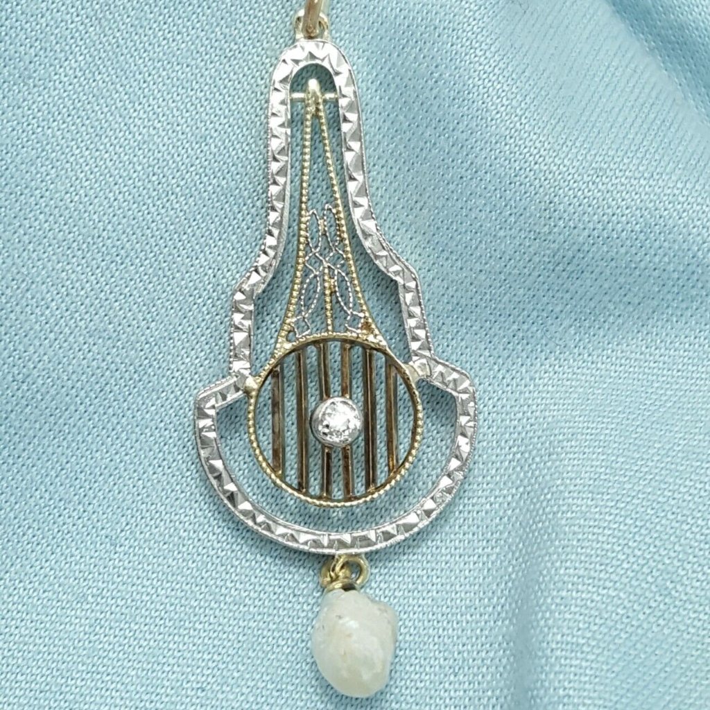Vintage 14k Solid Two Tone Multi Tone Gold Dangle Diamond  Pearl Charm Pendant